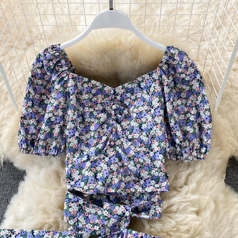 Floral Chiffon Square Neck Puff Sleeve Two Piece Skirt Set